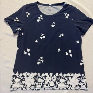 Ann Taylor Factory Navy Floral Border Print Short Sleeve Top | Size L